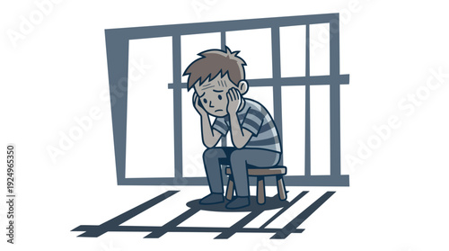 Sad young boy sitting alone in distress, feeling isolated and unhappy.