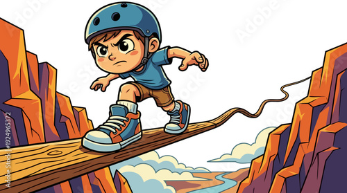 Young Boy Wearing Helmet Walking Across Plank Over Chasm.