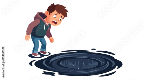 Young Boy Looking Down at a Dark Hole with Concern.