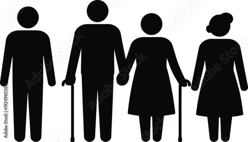 A set of four simple black silhouettes showing two younger adults and two seniors with walking canes