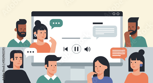 Group of people gathered around a large computer screen displaying a video call interface with various chat bubbles and audio controls