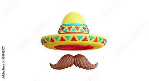 3D Render of Sombrero and Mustache on White Background