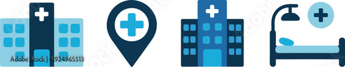A set of four stylized blue tone icons representing hospitals and healthcare medical facilities