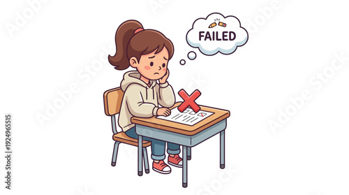Sad Student Girl Failed Exam Sitting at Desk.