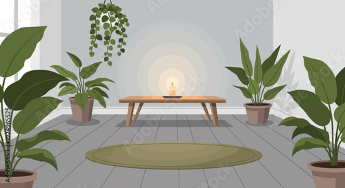 Serene indoor space with plants and wooden table viewed from the front