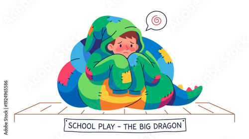 Young child in colorful dragon costume for school play performance.