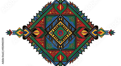 Vibrant geometric pattern illustration featuring diamond shapes and floral motifs in a symmetrical design