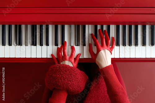 Top View of Female Hands Playing Vibrant Red Piano in Elegant Red Fashion