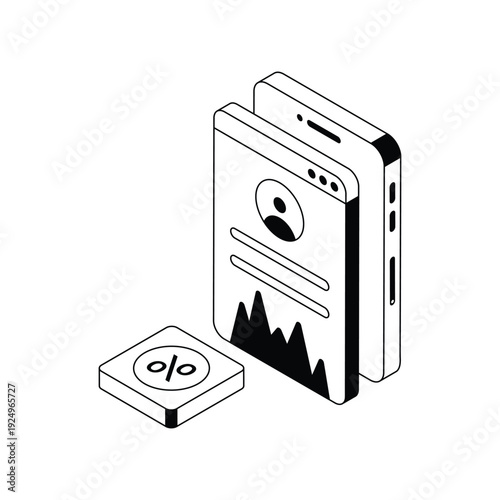 Isometric Stack of Smartphones Showing User Profile and Analytics Interface.