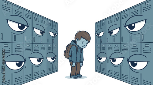 Young Boy Feeling Sad and Isolated Amidst Staring Eyes Representing Bullying and Social Pressure.