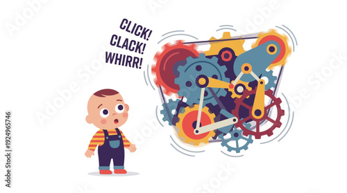 Curious Baby Boy Watching Intricate Clockwork Mechanism with Gears and Cogs.