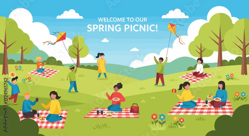 People enjoying a vibrant spring picnic in a lush green park with red and white checkered blankets under a bright blue sky