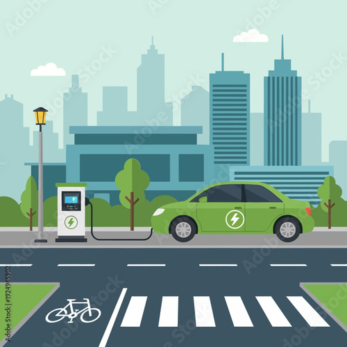 Sustainable urban transportation scene with electric car charging at a city street with a bicycle nearby