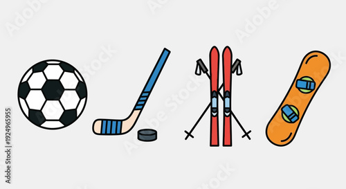 Assorted sports equipment displayed on a plain white surface from a straightforward viewpoint.