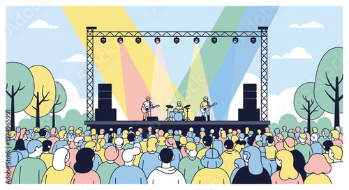 Outdoor concert crowd enjoying music performance under vibrant rainbow lights on a sunny day