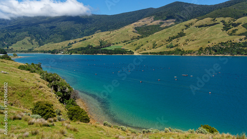 Canvas Print A green lipped mussel farm in the Marlborough Sounds, New Zealand