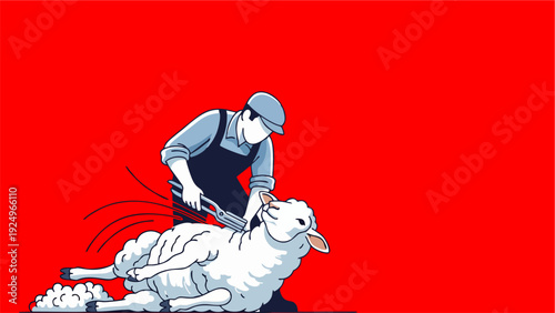 Shepherd Shearing Sheep for Wool Production Stylized Farm Illustration on Red Background