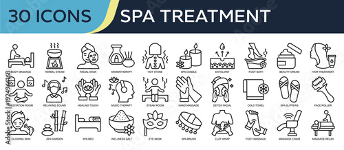 Collection of Spa Treatment icons, related to Body Massage, Herbal Steam, Facial Mask, Aromatherapy, Hot Stone and more. Outline icons vector illustation.