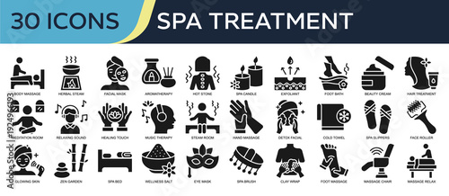 Collection of Spa Treatment icons, related to Body Massage, Herbal Steam, Facial Mask, Aromatherapy, Hot Stone and more. Glyph icons vector illustation.