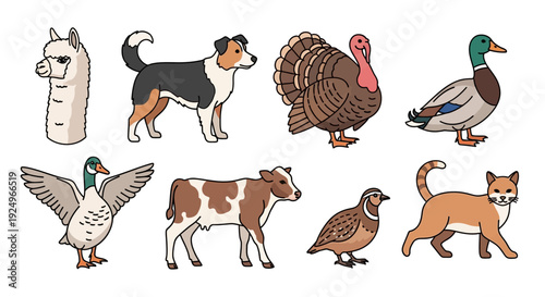 Collection of cute cartoon farm and domestic animals isolated on white.