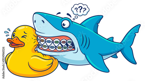 Cartoon Shark with Braces and Scared Rubber Duck.