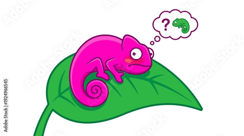 Cute Pink Chameleon Character Thinking About a Green Caterpillar.