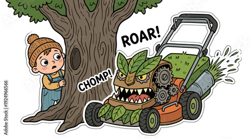 Young boy hides behind tree from monster lawnmower.