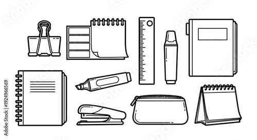 Vector line art set of common office and school stationery supplies