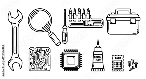 A collection of essential repair tools and electronic components line art icons