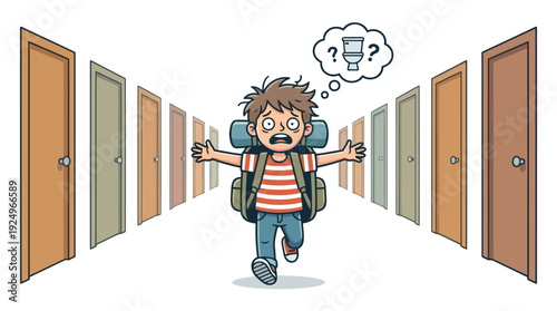 Confused boy with backpack running through many doors seeking choices.