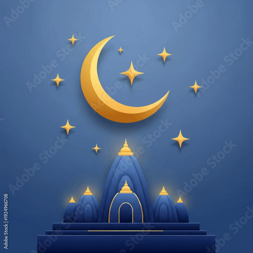 Golden crescent moon shining brightly above an illuminated mosque with stars in a dark blue night sky