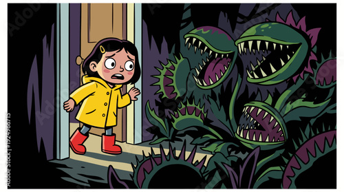 Little girl in yellow raincoat discovers terrifying giant carnivorous plants.