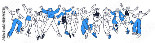 People jumping together. Happy young men, women group, team celebrating success. Joyful excited positive crowd in dynamic energetic movement. Flat vector illustration isolated on white background