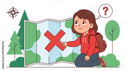 Lost girl with backpack pointing at map with red X mark and question mark.