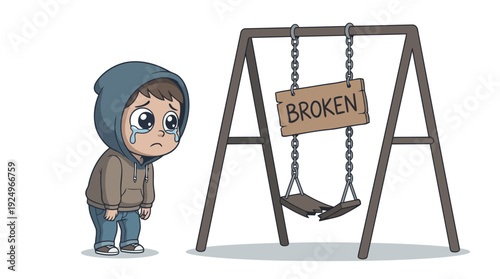 Sad crying boy stands next to a broken swing set.