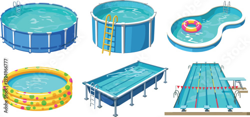 Collection of Various Swimming Pools and Water Features on White Background Keywords: swimming pool, above ground pool