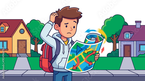 Confused Young Man Holding Map Searching for Directions.