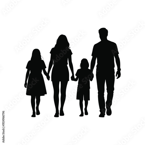 A silhouette family of four walking closely together outdoors. isolated on white background, Vector, illustration