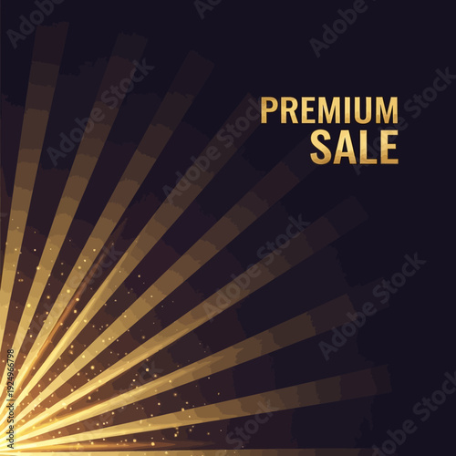Golden rays emanating from a corner, creating a premium sale banner with radiant light beams and sparkling effects