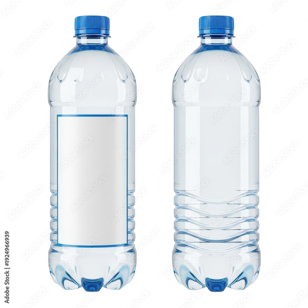 Naklejka premium Two clear plastic water bottles with blue caps isolated on transparent background