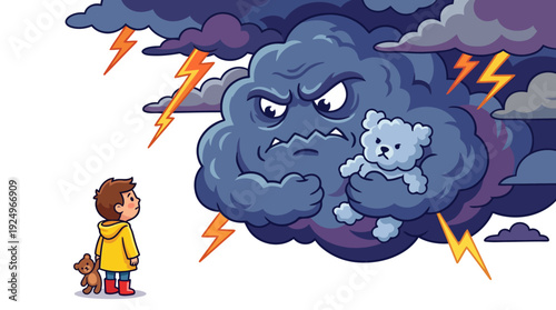 Angry storm cloud with lightning holding a teddy bear, facing a child.