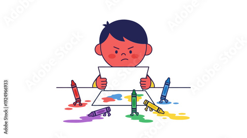 Angry Child Holding Paper with Scattered Crayons and Messy Art.