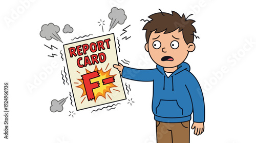 Young Boy Holding Failing Report Card with Disappointed Expression.