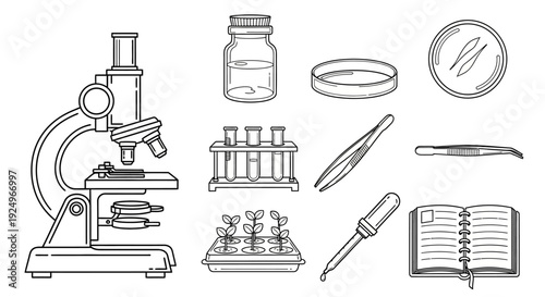 Collection of science laboratory equipment in outline style.