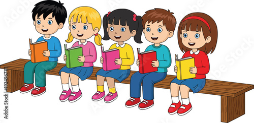 Diverse group of five cartoon children sitting on a wooden bench reading books Keywords: children, kids, reading, books