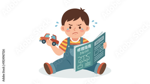 Frustrated Young Boy Struggling to Understand Toy Car Assembly Instructions.