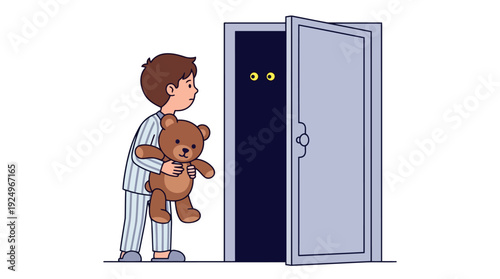 Little Boy in Pajamas Holding Teddy Bear Facing Scary Dark Doorway.