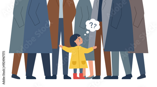 Small girl child looking up at adults with question marks.