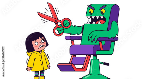 Childs Fear of Haircut Illustrated by Monster Barber with Scissors.
