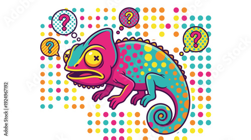 Confused Chameleon with Question Marks Illustrating Uncertainty and Doubt.